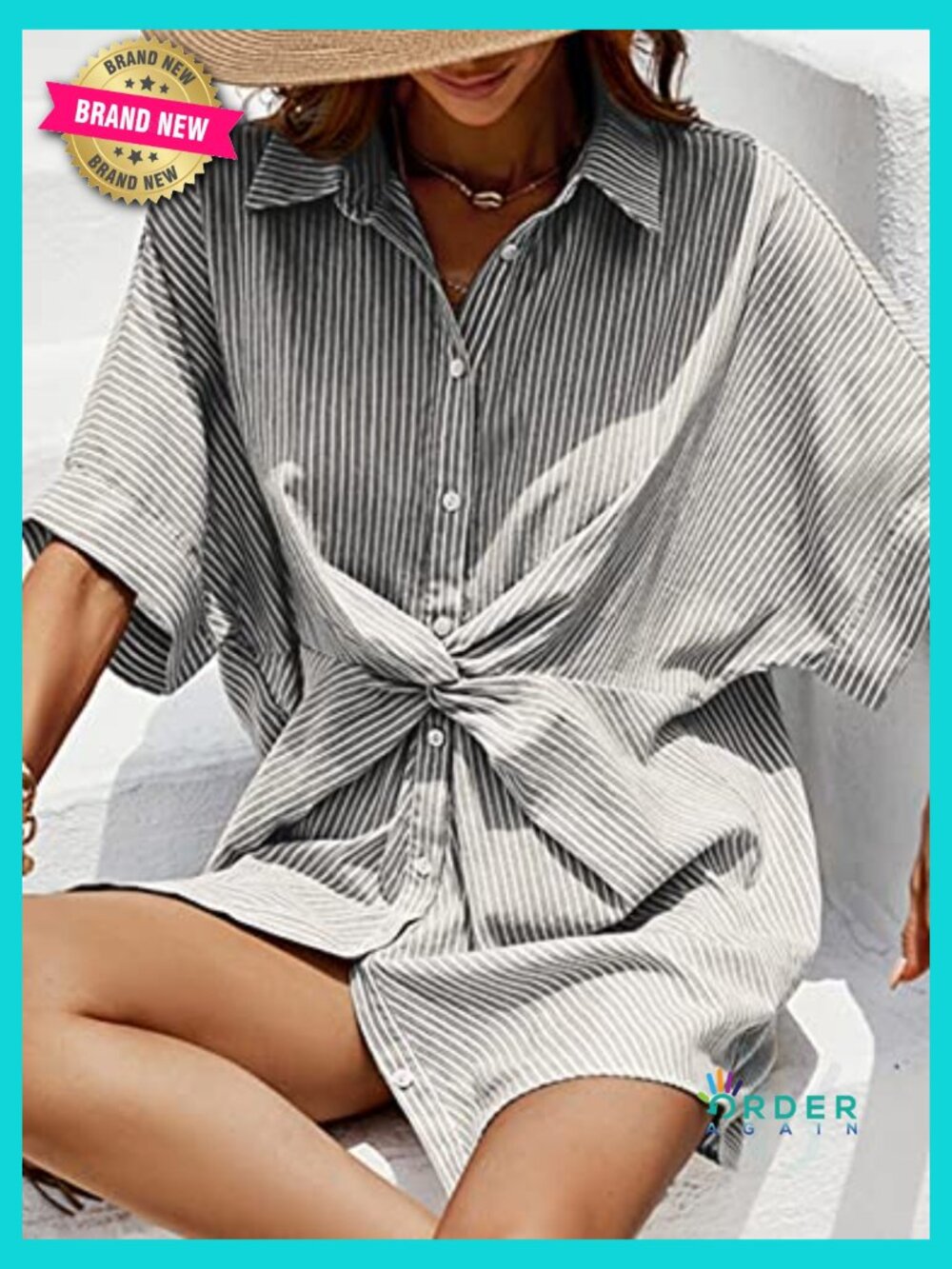 Button Down Shirt Dress Short Sleeve V-Neck Mini Casual Stripe - Picture 5 of 7